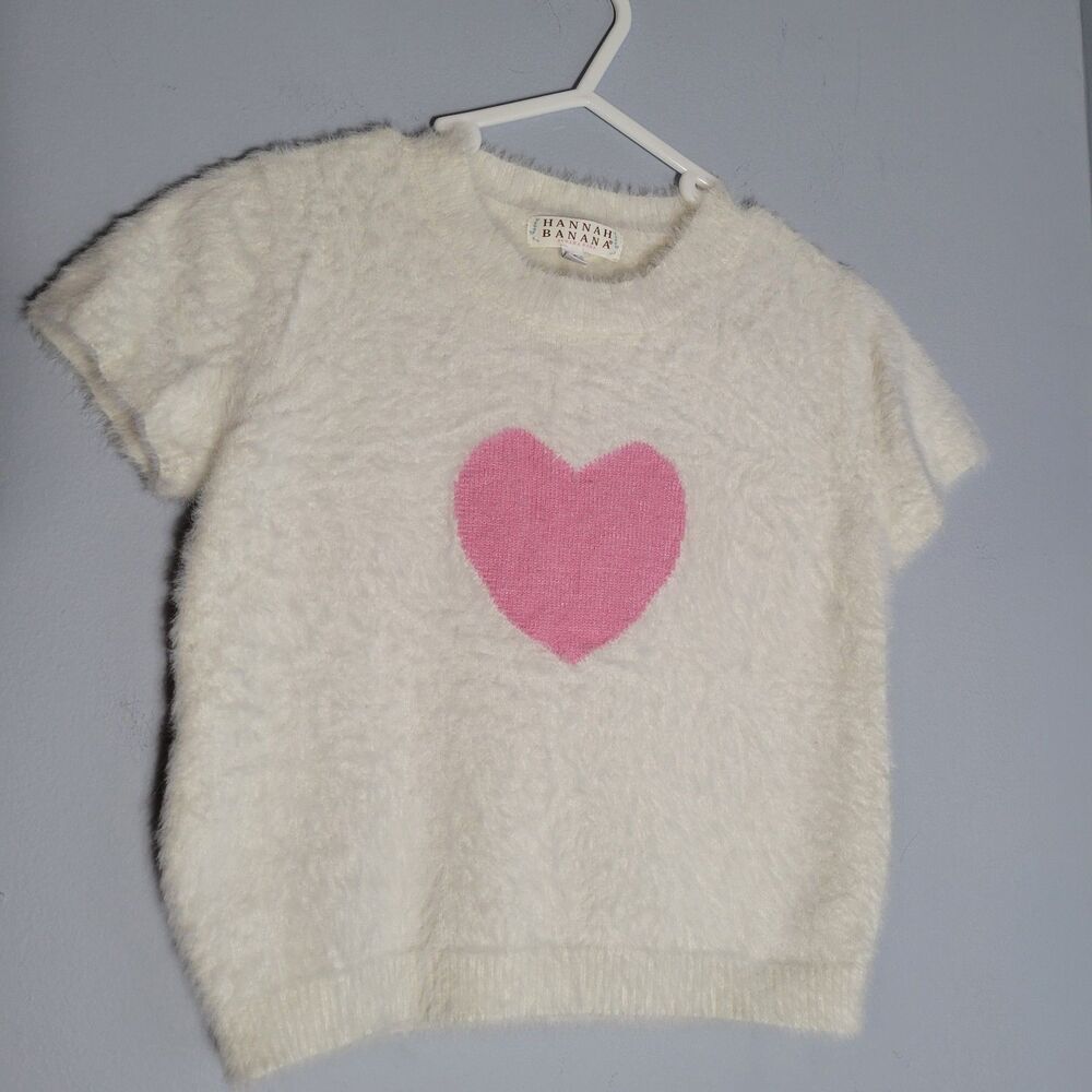 Hannah Banana Girls Fuzzy Ivory Cropped Sweater Pink Heart Shirt Sleeve Size 10